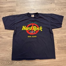 Vintage 90s Hard Rock Cafe San Juan T Shirt Navy Blue Peace Sign Made in USA L