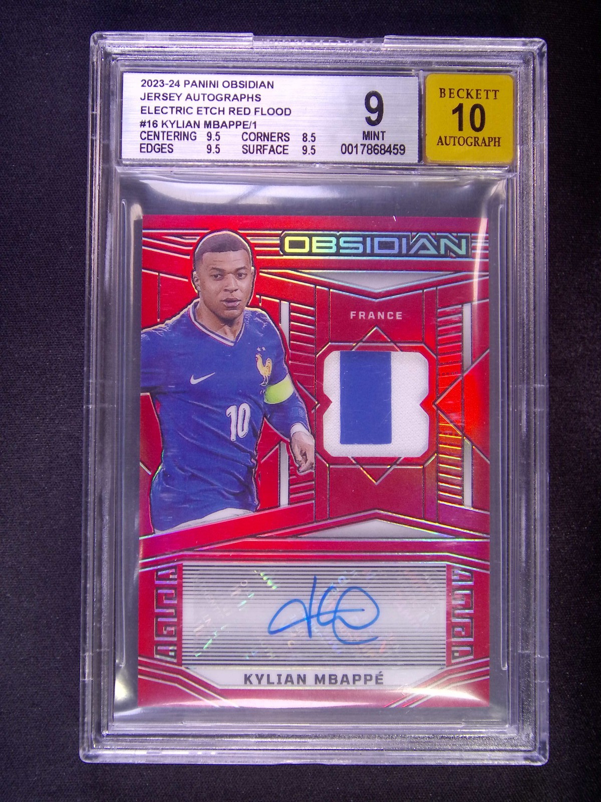 One Of One 1/1 2023-24 Panini Obsidian Kylian Mbappe Patch Auto Red BGS 9 w/10 view 1