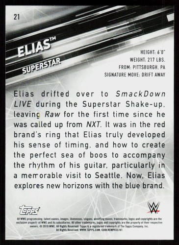 2019 Topps WWE SmackDown Live Elias #21 Wrestling CARD WWE / WWF Green - Picture 2 of 2