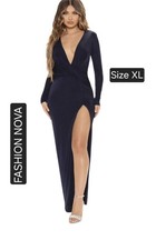 Fashion Nova Back Time Slinky Maxi Dress - Navy Blue Longsleeve Deep V-neck New