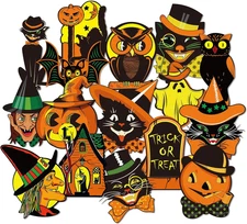 48 Pcs Vintage Halloween Cutouts Retro Pumpkin Witch Cat Cut-Outs Black Orange..