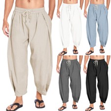 Mens 3/4 Length Cotton Linen Harem Pants Casual Baggy Solid Capri Shorts Bottom