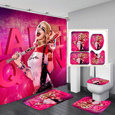 Harley Quinn 4PCS Bathroom Rugs Set Shower Curtain Bath Mats Toilet Lid Cover