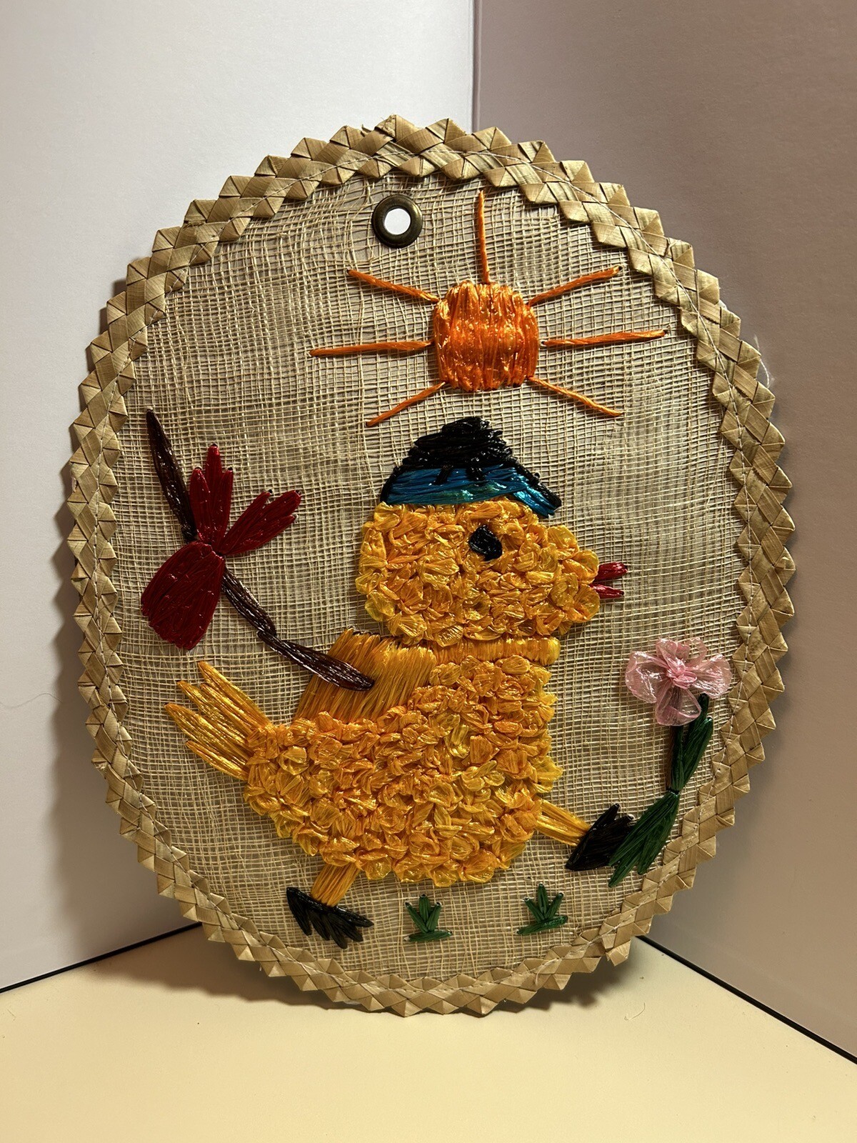 Vintage Mid Century Raffia Woven CHICK DUCK Wall Hanging Art NURSERY EASTER 60s