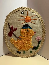 Vintage Mid Century Raffia Woven CHICK DUCK Wall Hanging Art NURSERY EASTER 60s