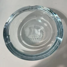 Vintage Strombergshyttan Sweden Ship Etched MCM Art Glass Clear Ashtray Signed