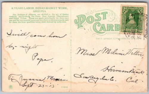 Tarjeta postal de colección Arizona AZ Indian Basket trabajo nativo americano año trabajo años 1910 - Imagen 2 de 2