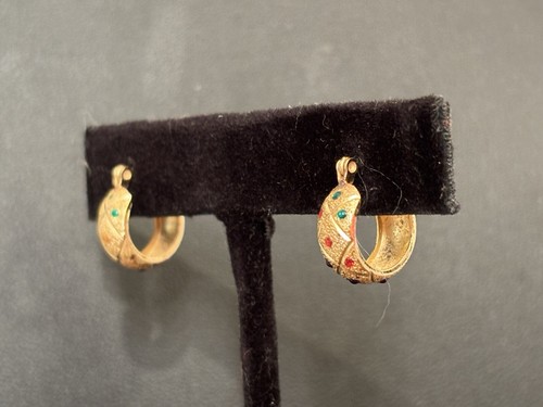 14K Yellow Gold Enamel Gem Ruby, Sapphire, and Emerald Huggie Hoop Earrings - Picture 7 of 11