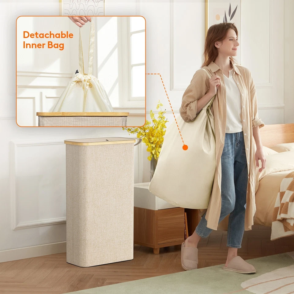 Lifewit Cesta de Lavandería Delgada con Tapa, Cesta de Lavandería Estrecha con Asas de Bambú Foto 4 de 4