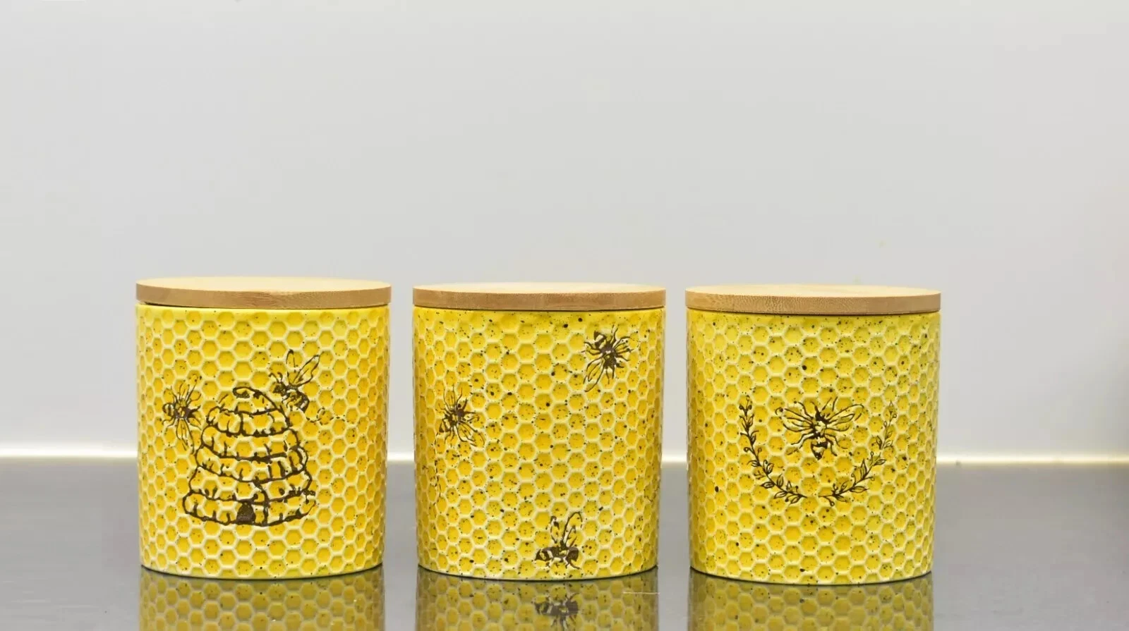 Set of 3 Yellow Canister with Bee print for Kitchen Counter Ceramic with Airtigh