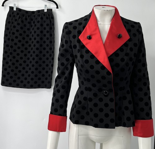 Givenchy Nouvelle Boutique Vintage Polka Dot Skirt Suit w/ Red Lapel Lining sz S