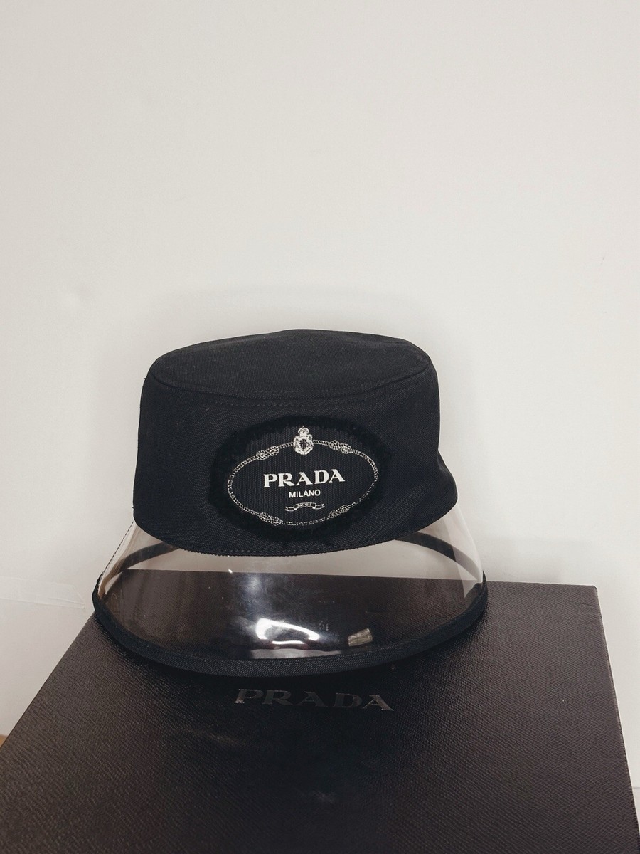 Prada Plexiglass Bucket Hat Black White Logo Clear PVC Brim S Prada | Accessories | Prada Bucket Hat With Clear Brim  main image 3