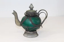 Chinese Middle Eastern Teapot Porcelain Metal Detailed Metal Accents Small Size 