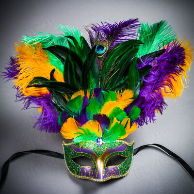 Venetian MardiGras Green Glitter Masquerade Tall Feather Women Face Mask Green