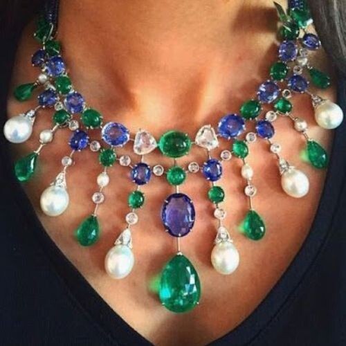 Syn Emerald Huge Collar Necklace 925 Fine Silver Cultured Pearl Authentic Jewel - Picture 1 of 2