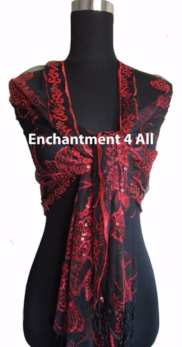 Elegant Oblong Lace Floral Art Scarf Wrap w/ Sequin Black/Red - Picture 4 of 6