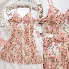 Sexy Lingerie Set Lace Sheer Babydoll Butterfly Floral Dress Pant Cute Sleepwear