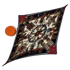 Excellent HERMES Pleated Silk Scarf “Kachinas” Navy – With Box