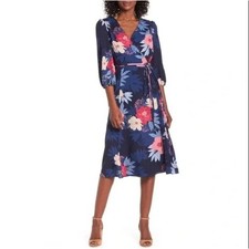 Eliza J Spring Winter Chic Floral Print Faux Wrap Tie Waist Midi Dress Navy