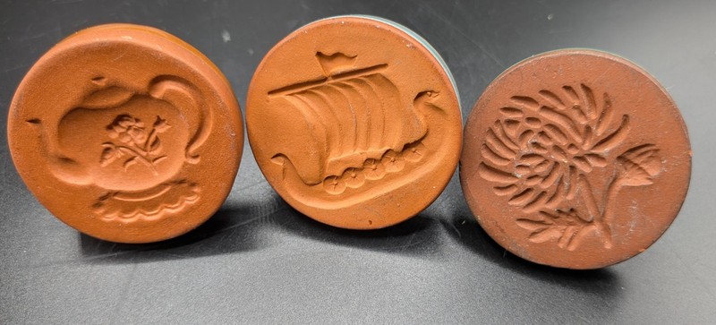 3 VTG RYCRAFT Terracotta Cookie/Butter 2" Stamps - Viking Ship, Teapot, Flower
