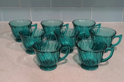 Vintage Jeanette Glass Ultramarine Swirl Blue Green Set of 8 Cups 🌟Beautiful 🌟