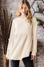 Trendsi Ribbed Babydoll Top Women's Casual Long Sleeve Shirt - Soft Flattering