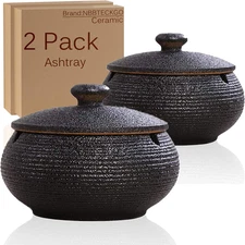 2 Pack Cigarettes Ashtrays with Lid Windproof for Indoor Outdoor, Ceramic Ashtra