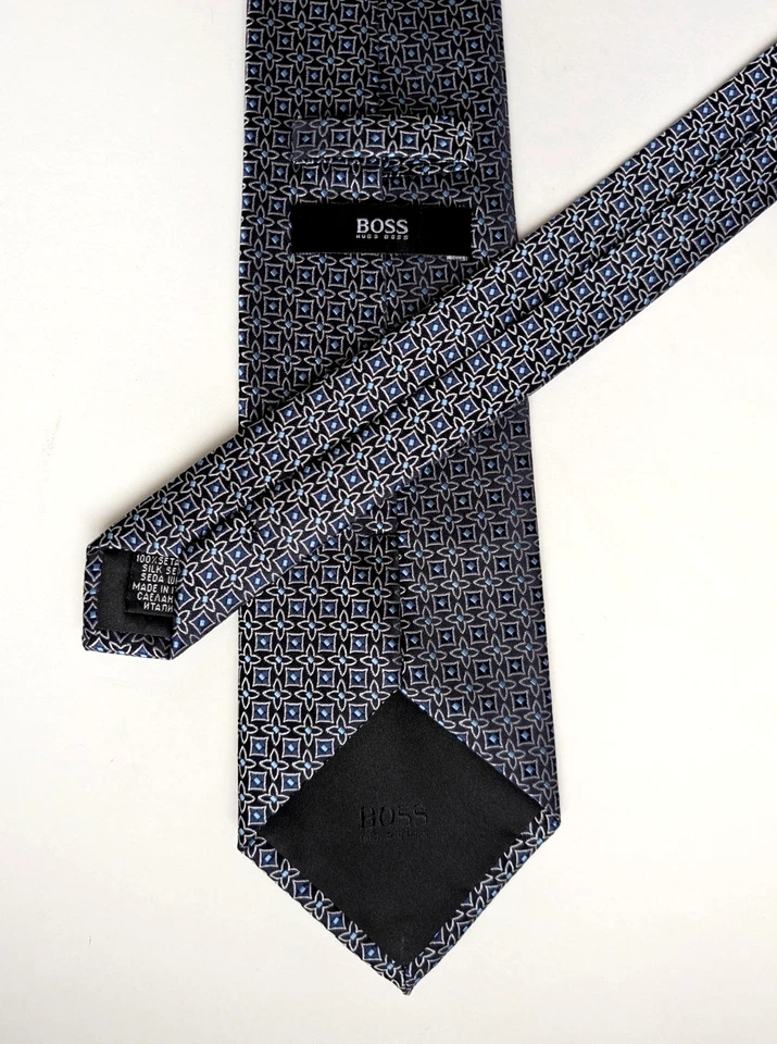 HUGO BOSS Men's 100% Silk Tie Geometric ITALY Black/Sky/Silver NWOT - Image 3 of 4
