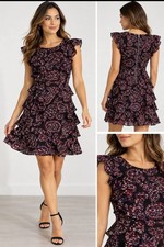 Michael Kors Women M Black Floral Paisley Ruffle Tiered Dress Boho Romantic
