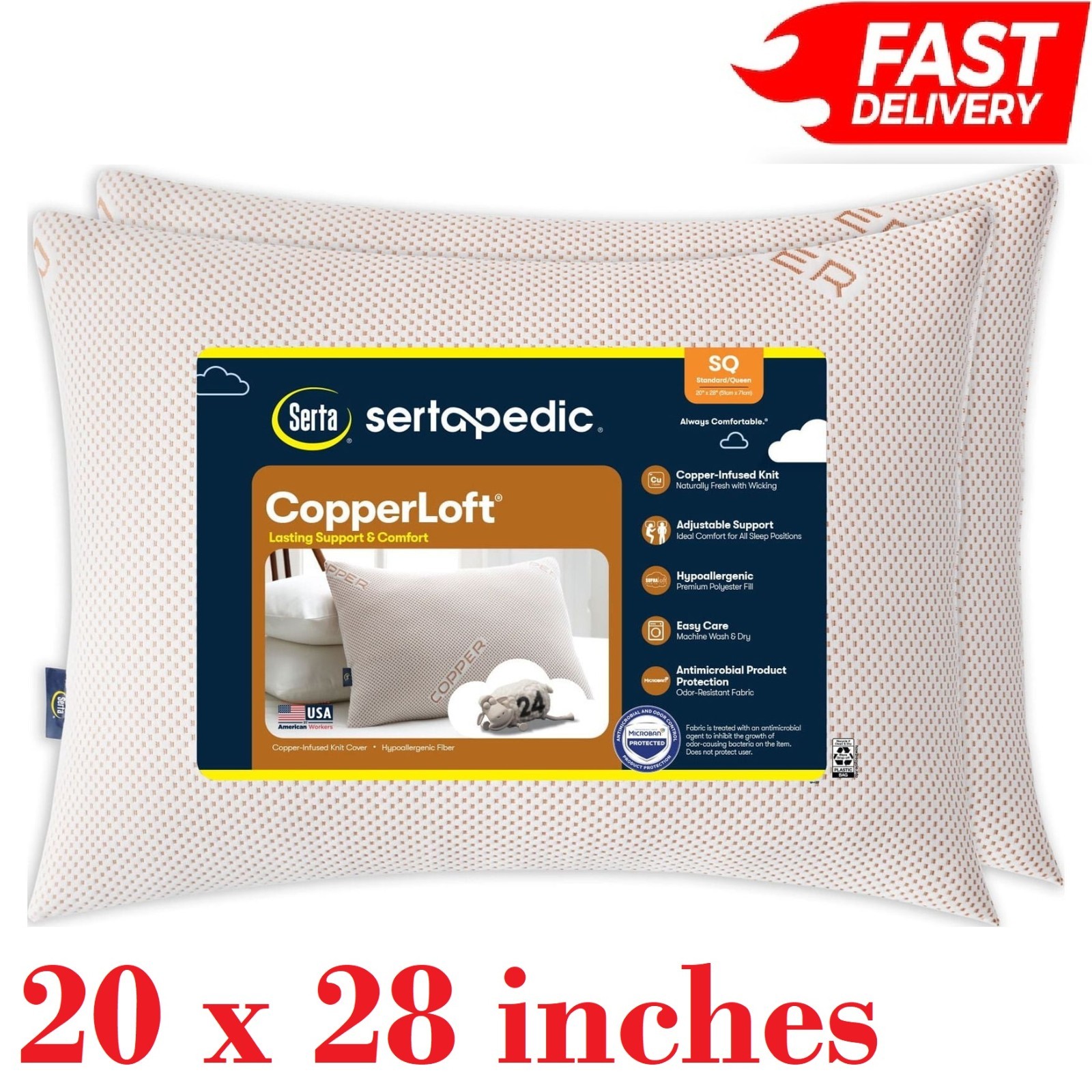 Set of 2 Serta Sertapedic Copperloft Firm Bed Pillows,Queen,