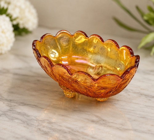 Vintage Amber Jeannette Glass Floragold Louisa Carnival Glass Footed Bowl