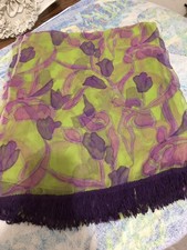 Shawl Scarf 100 Percent Silk Large Floral 20x100  Purple Yellow