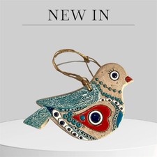 Clay Hanging Bird Ornament great Outdoor Window Decor shades of Blue Green Red