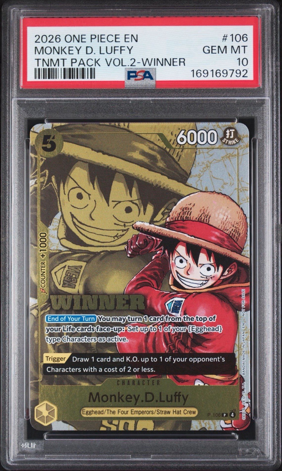 2026 ONE PIECE TOURNAMENT PACK VOL.2 WINNER #106 MONKEY D. LUFFY PSA 10 QTY view 2