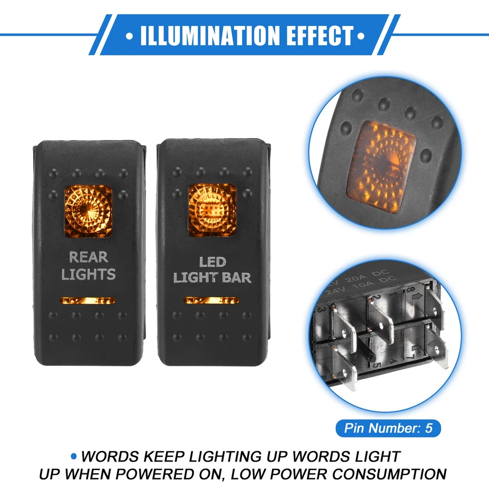 Interruptor LED 5p 20A/12V ON/OFF ABS naranja c/cables, para automóvil - Imagen 3 de 4