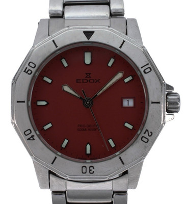 Edox Pro Delfin Diver **RARE** Red Dial 500m Stainless Steel All Original