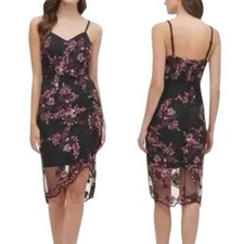 GUESS Black Embroidered Overlay Floral Spaghetti Strap Sheath Dress Size 6