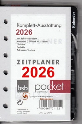 bsb A7 Komplettausstattung 2026 1Woche=2Seiten 7,8x12,8cm Kalender Einlage 2026