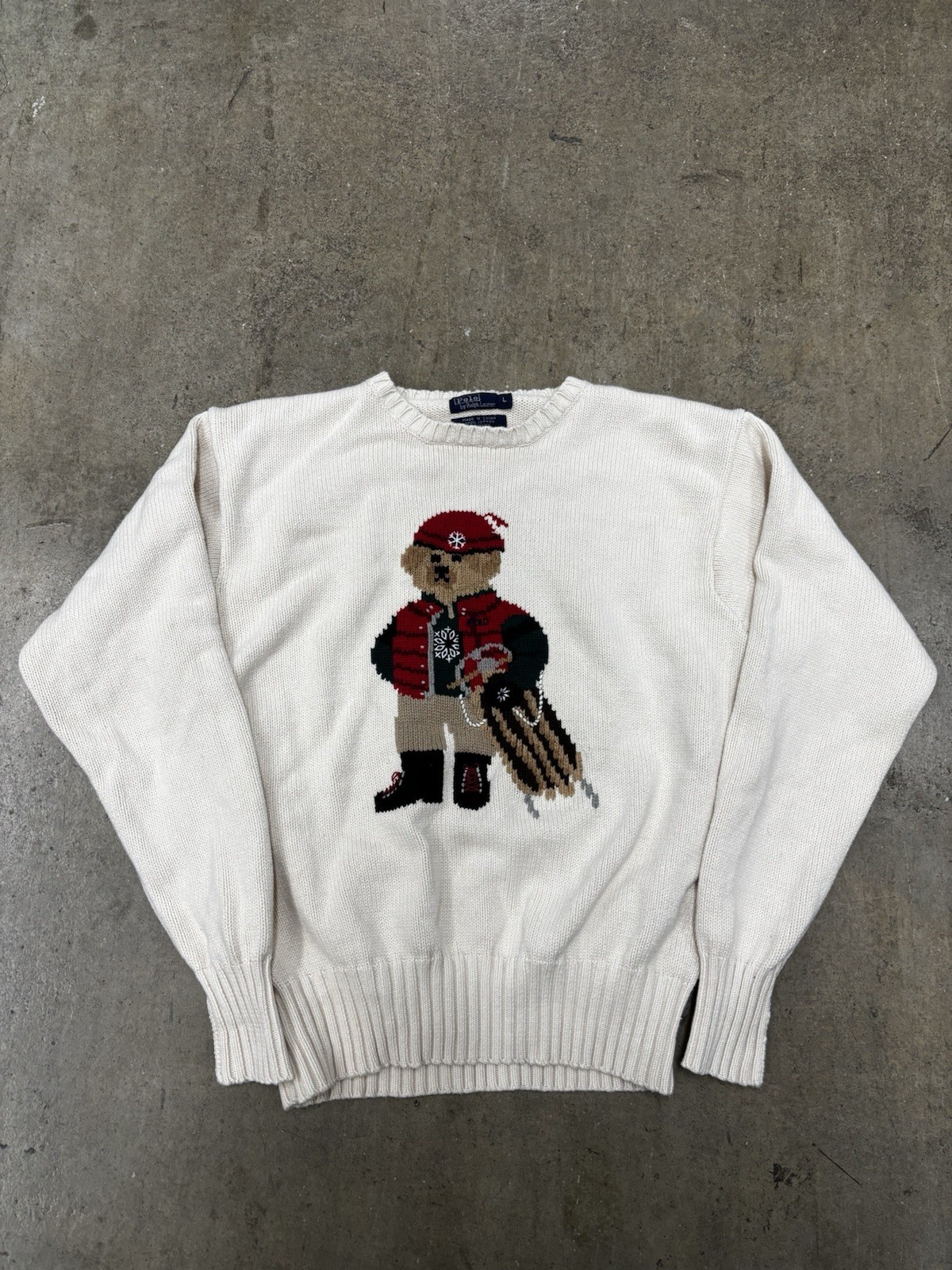 Vintage Ralph Lauren Rare Sled Bear Sweater Knit Cream Cotton Size L Women’s