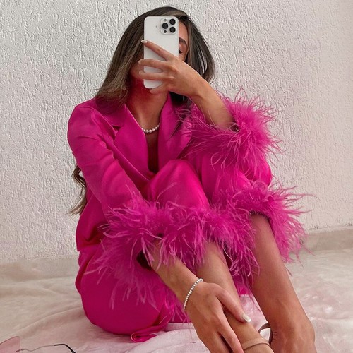 Women Ostrich Feather Pajama Set Soft Silk Household Apparel Satin Shirts Pants - Picture 25 of 32