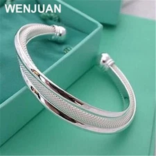 925 Sterling Solid Silver Cuff Mesh Bangle Bracelet Women Fashion Jewelry