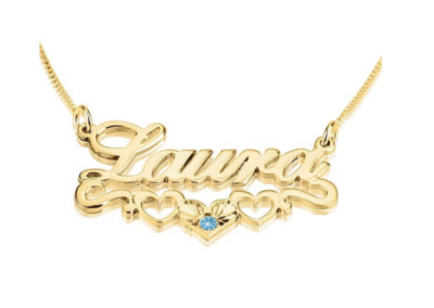 NAME WITH HEARTS AND BIRTHSTONE: STERLING SILVER, 24K GOLD, ROSE GOLD