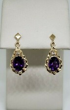 14k Yellow Gold 2.40 Carat Oval Amethyst And Diamond Dangle Earrings 3.3 Grams