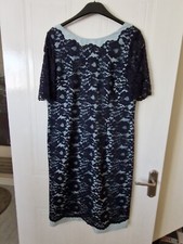 Womens Navy & Duck Egg Lace Dress, Jacques Vert, Size 14, VG Con