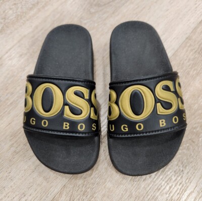 BOSS Solar Slid Logo Slides In Black & Gold Kids Size 28 Great Condition