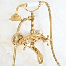 Polished Gold Brass Wall Mount Clawfoot Bath Tub Faucet w/Handheld Shower wna809