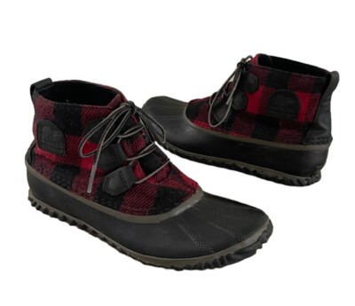 Womens SOREL Out 'N About Black Red Buffalo Plaid Waterproof