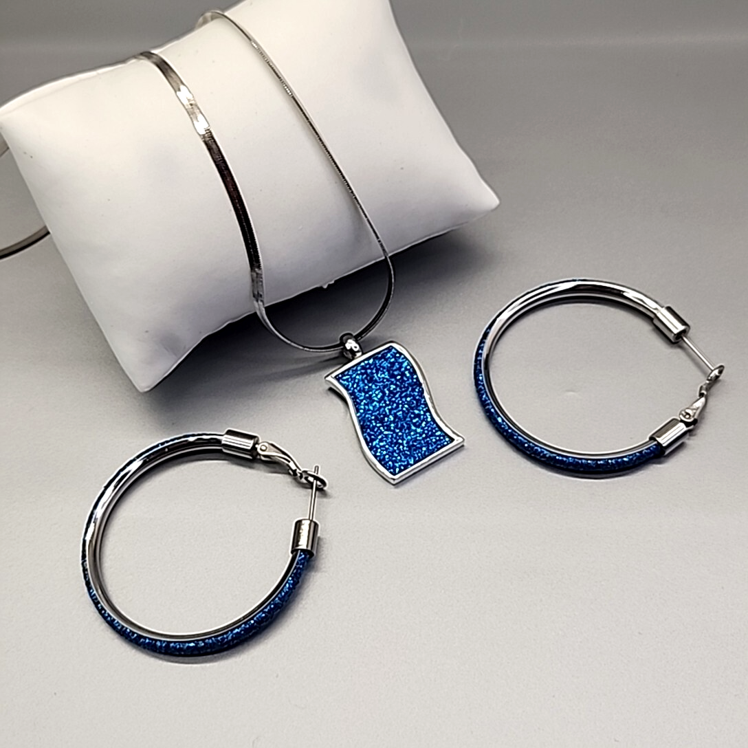 Blue Glittered Sterling Silver 925 Hoop Earrings & Chain Necklace Set JTV-image