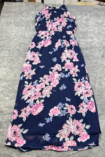 Old Navy Dress Womens M Blue Pink Floral Maxi Flowy Side Slit Sleeveless Ruffle