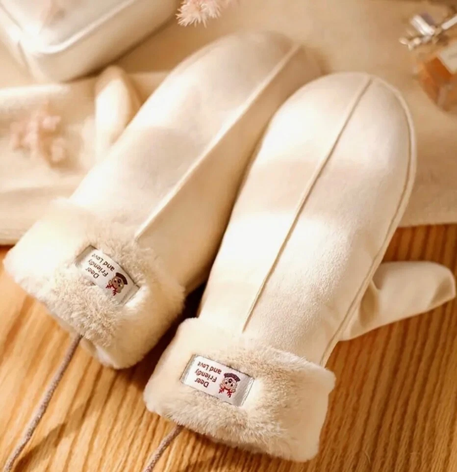 Gloves Velvet Lined Suede Mittens Short Thickened Warm Winter Womens Large